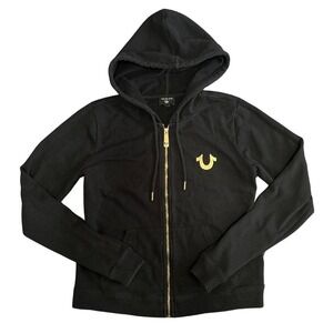 Y2K True Religion Black Zip Up Hoodie Jacket with Gold Detailing